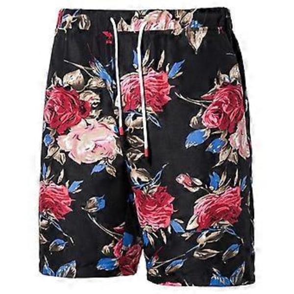 Hawaiiskjorta och shortsset för män, 2 delar, knäppning, blommig strandkostym, tropiska outfits (XL Svart rosa)