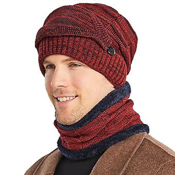 Hettelue, halsvarmer og ansiktsdekke i strikket fleece for menn - Vintervarm skihjelm (vinrød)