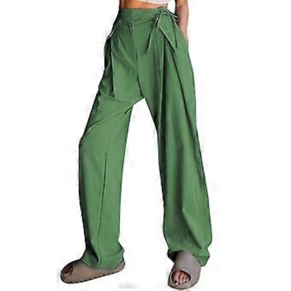 Dame Wide Leg Bukser Høj Elastisk Talje Bagpå Lige Bukser Lange Hør Bukser Casual Løse Palazzo Bukser Grøn XL(XL Grøn)