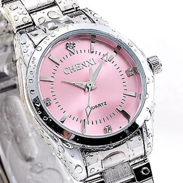 Dameur med pink urskive, vandtæt stållænke, analogt quartz ur (Pink)