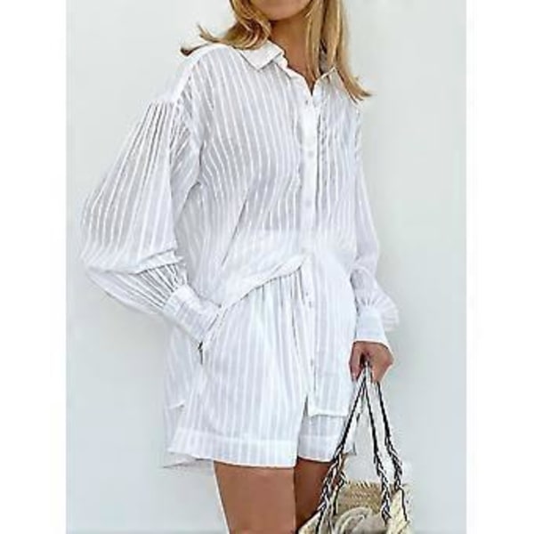 Höst- och vinterdamkläder Randig bubbelärm Shorts Känsla Lediga outfitset (L Vit)