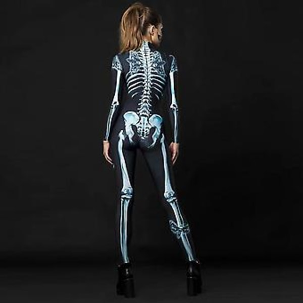 100% Ny, Halloween Skelet Kranie 3D Catsuit Jumpsuit Kvinder Cosplay Bodysuit Udklædning (XL)