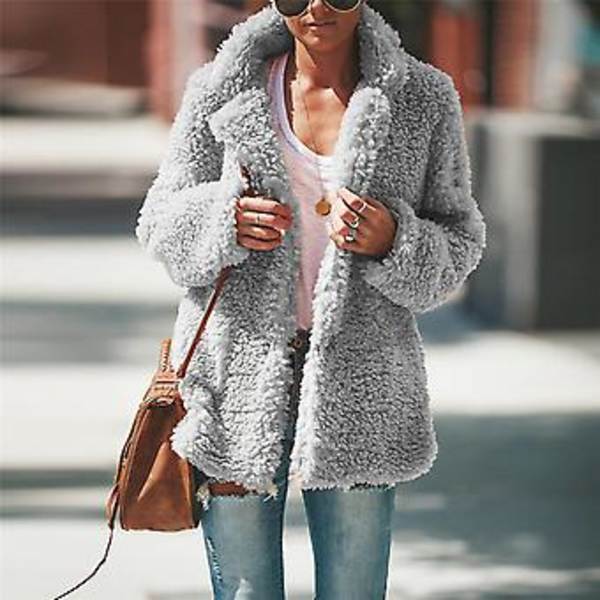 Dame Teddy Bear Fleece Fluffy Jakke Cardigan Frakke Yderbeklædning (S Lysegrå)