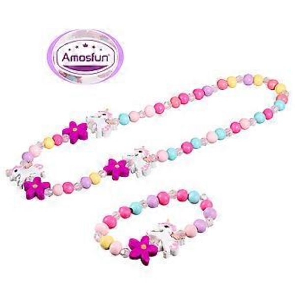 Amosfun 1 Sæt Træ Børnesmykkesæt Enhjørning Perler Farverig Halskæde og Armbånd Gave til Fest Fødselsdag