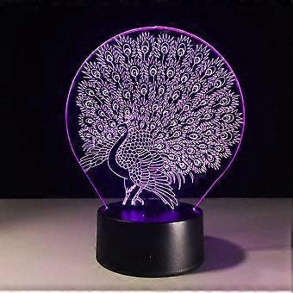 3D Påfågel Nattlampa 7 Färgväxlande LED Bordlampa Jul Leksak Present