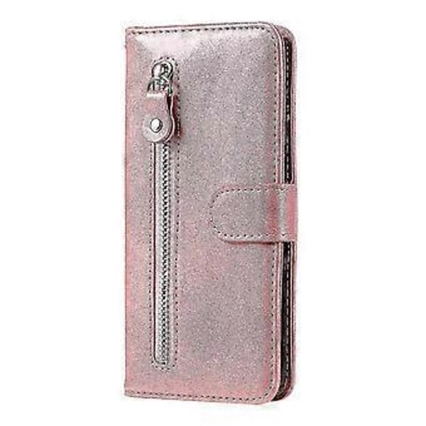 Plånboksfodral för Motorola Moto E7 Plus, premium PU-läder magnetisk stängning kortfack stativ dragkedjeficka mjukt TPU flip-fodral - Rosa