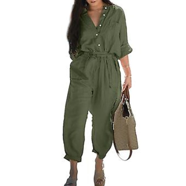 V-hals Jumpsuit med Knapper og Bælte til Kvinder - Casual 3/4 Ærme Solid Farve Cargo Jumpsuit Dame Outfit (L Grøn)