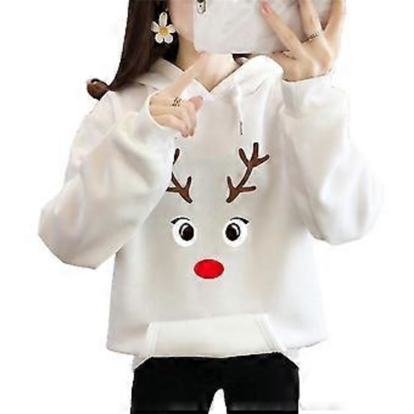 Dame Juletrøje med Hætte, Trykt, Varmt Trøje, Langærmet (2XL Hvid)