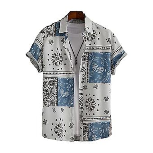 Herrsommarstrandskjorta Färgstark Tryckt Kortärmad Enkelknäppt Cardigan Lös Medellång Nedåtvänd Krage Herrtopp (2XL Vit Blå)