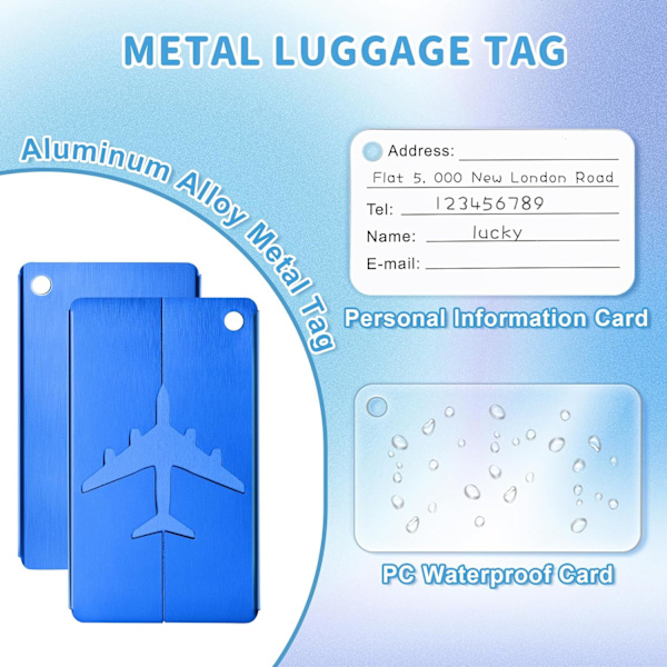 5 stk (7,5 x 4,5 cm, 5 farger) bagasjelapper, aluminium koffert