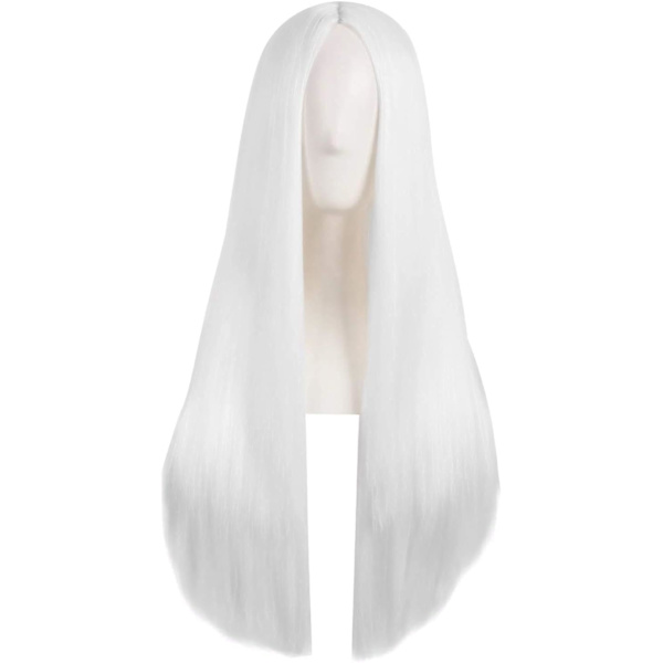 （Hvit）Fargerik panda lang rett Cosplay parykk med lugg Naturlig syntetisk hår parykk for kvinner eller G