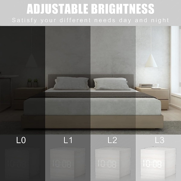 Digital vekkerklokke i tre med LED-lys, multifunksjonell, moderne kube