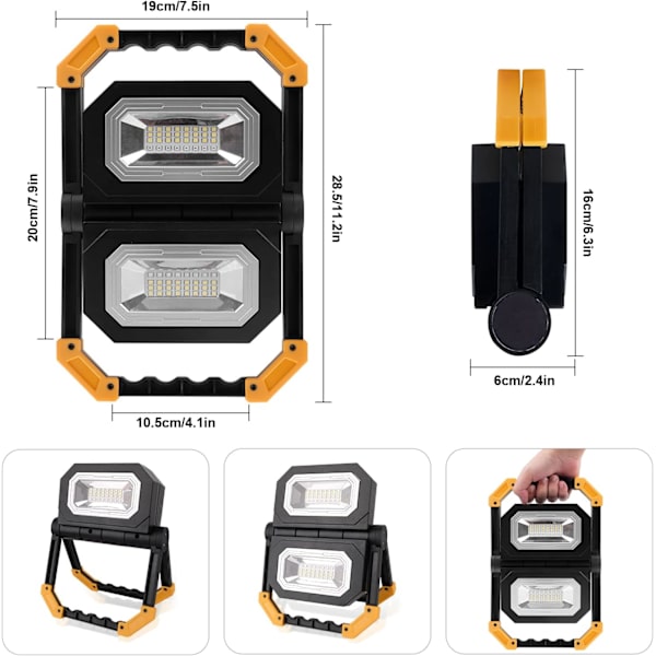Uppladdningsbar LED-strålkastare, USB LED-strålkastare för utomhusbruk, 360° rotation, bärbar byggarbetsplats