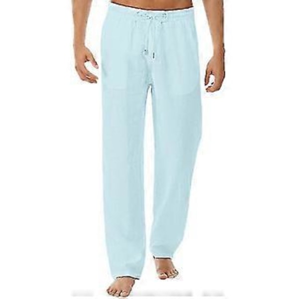 hmwy-herr linne-look baggy byxor resår i midjan avslappnade strand yoga byxor (XL Ljusblå)