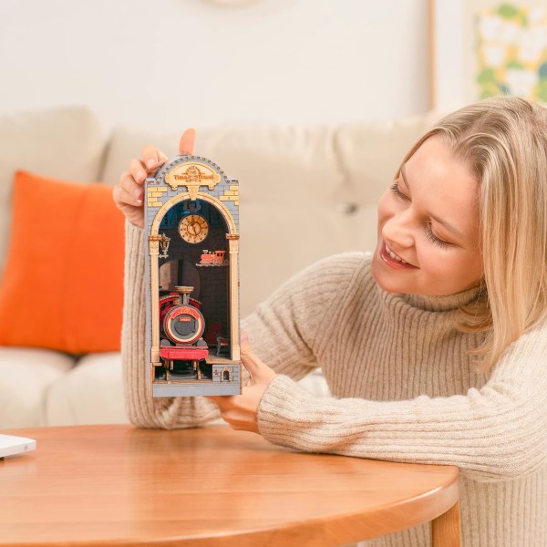 Trähusdocka, DIY Bokhörna Kit, Pusselhus Modell Byggsatser med LED-lampor Hus Hylla De