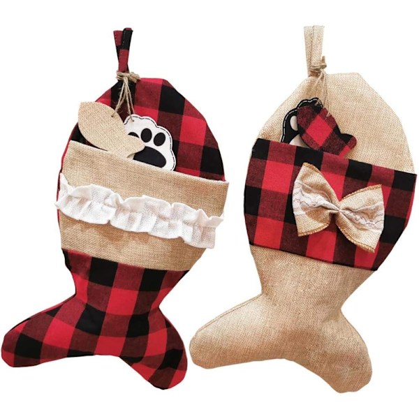 2 st julstrumpor i säckväv med rutiga mönster för julhängande strumpor F