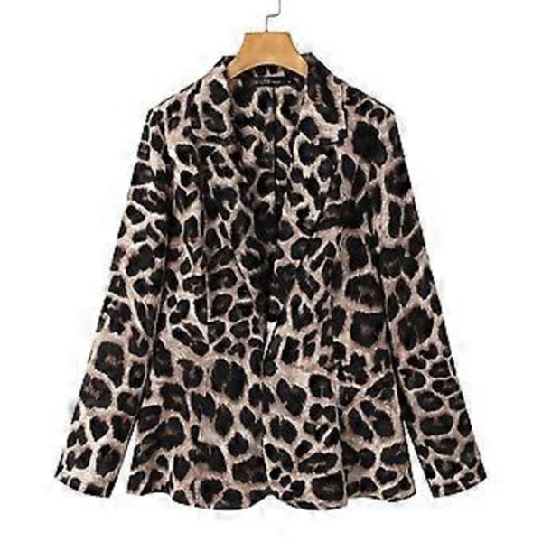 Dame Blazerdragt med nedfældningskrave, lange ærmer, leopardprint, løse knapper, plusstørrelser (XXXL beige)