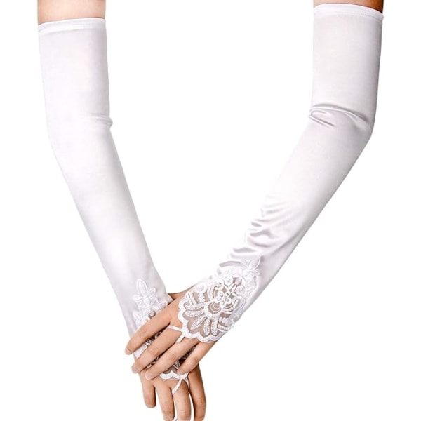 Fingerlösa långa vita handskar genomborrade armbågslängd satin stretchiga