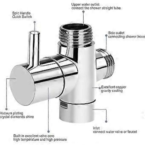 3-veis Bryterventil Kranadapter G1/2 Tomme - Dusj T-adapter, Messing Diverter For Kran For Hånddusj/YY