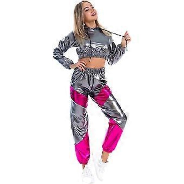 Rave-antrekk for kvinner, skinnende crop top-hettegenser, metallisk fritidsbukse, hettegenser-treningsgenser, discodanse-klubbklær (Large Grey)