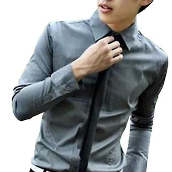 Fianao Fashion Herrar Solid Färg Långärmad Knappar Ner Skjorta Slank Formell Business Topp (XXL Mörkgrå)