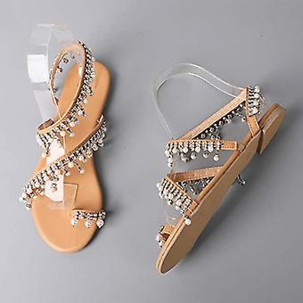 Plus Size Dame Rhinestone Faux Pearl Tassel Sko Sommer Clip Toe Flad Sandal Mode Retro Dame Sandaler35(43 )