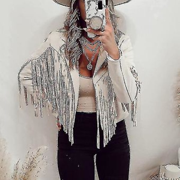 Damejakke i ensfarget frynser (XL beige)