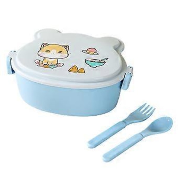 1 Set Lunchlåda Mikrovågssäker Dubbla Lager Stor Kapacitet Fack Läcksäker Barn Tecknad Bento Box med Gaffel Sked Skolmaterial (Blå)