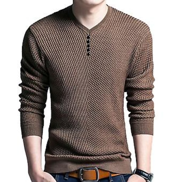 Fianao Chic Mænds Ensfarvet V-hals Langærmet Trøje Slim Fit Strikket Trøje Bluse (XL Camel)