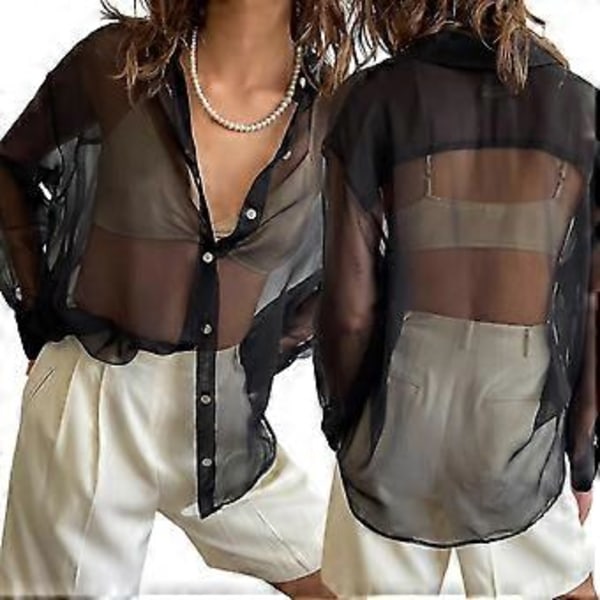 Dam Blus, Genomskinlig Lös Skjorta, Casual Lapel Krage Långärmad Knapp-Ner Blus (L Svart)