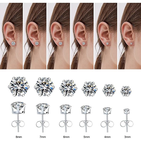 6 Par Örhängen i Rostfritt Stål med Cubic Zirconia - Hypoallergena