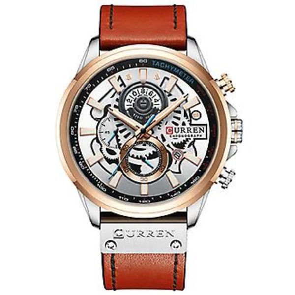 Herrklocka Kronograf Sport Quartz Datum Kalender Läderarmband Självlysande (Orange)