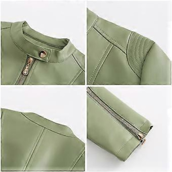 Moderigtig læderjakke til kvinder, jakke med standkrave, tynd læderjakke til forår og efterår (2XL Grøn)