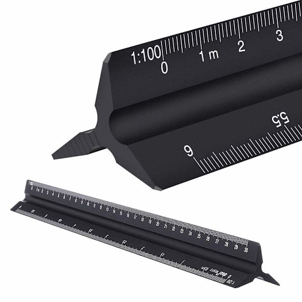 Alumiininen kolmioarkkitehtimitta, metrinen 1:20, 1:25, 1:50, 1:75, 1:100, 1:125, vakio 30,5 cm