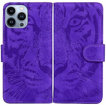 Tigerpräglad Läderfodral för iPhone 14 Pro Max (Lila)