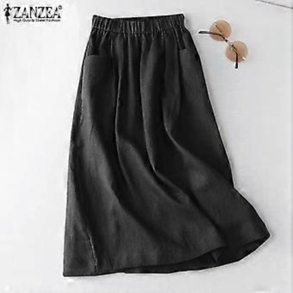 ZANZEA Dame Ensfarvet Elastisk Talje Casual Bomuld Lange Nederdele (2XL sort)