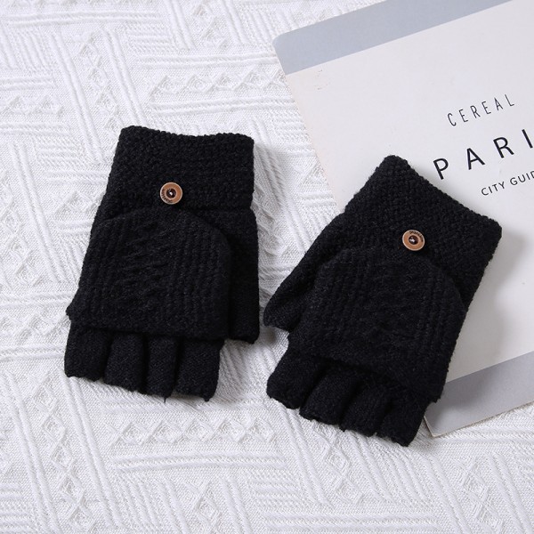 （Svart）Vinterhandskar Vante Halvfingerhandskar Stickade handskar med cover för kvinnor män
