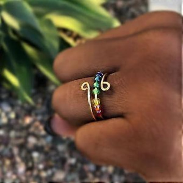 NY, Regnbue Perler Fidget Ring - Anti-angst Meditationsring Med Drejelig Spiral - Justerbar Hypoallergen Legeringsring Til Kvinder, Hurtig Forsendelse (Guld)