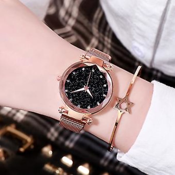 Stjärnklar Magnetisk Metall Mesh Armband Dam Flicka Analog Quartz Armbandsur (Guld)