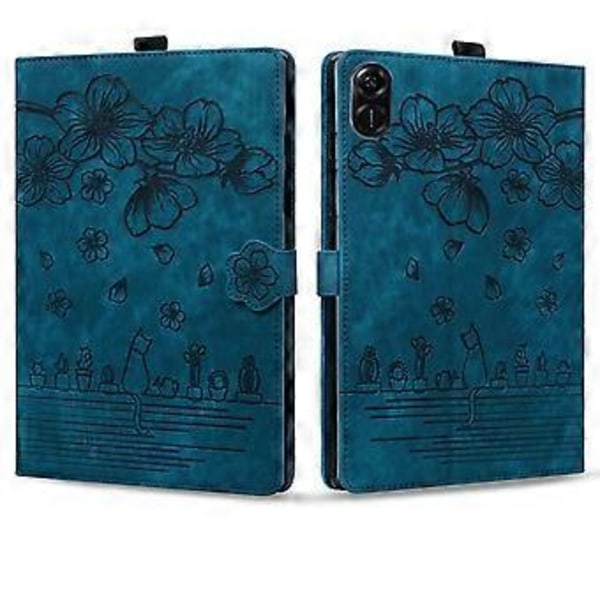Läderfodral för Honor Pad X8a med kattmotiv (Blå)