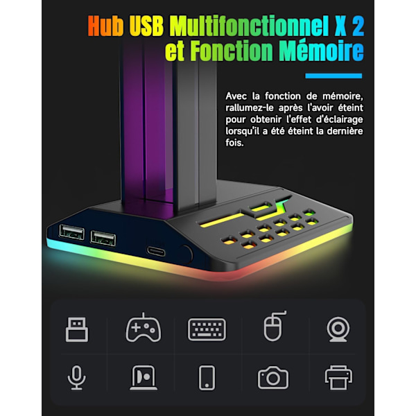 RGB-headsetstativ, speltillbehör, headsetstativ med 2 USB-portar och 1 typ C-port, cool LED He