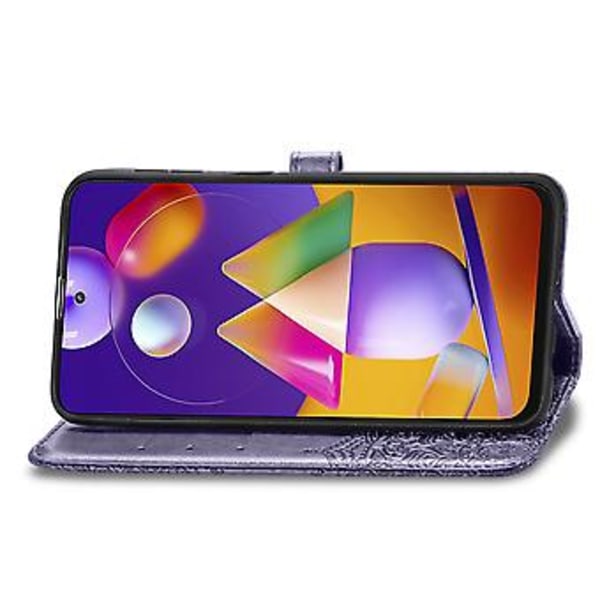 Horisontal lommeveske i skinn med mandala-blomst-embossing for Galaxy M31s (Lilla)
