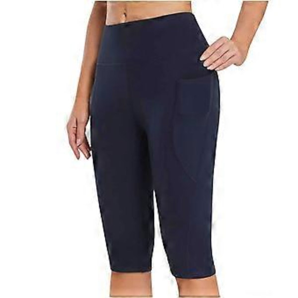 Naisten polvipituiset capri-leggingsit taskuilla rentoon treeniin, kesäiset korkeavyötäröiset joogahousut leggingsit laivastonsininen L (L laivastonsininen)