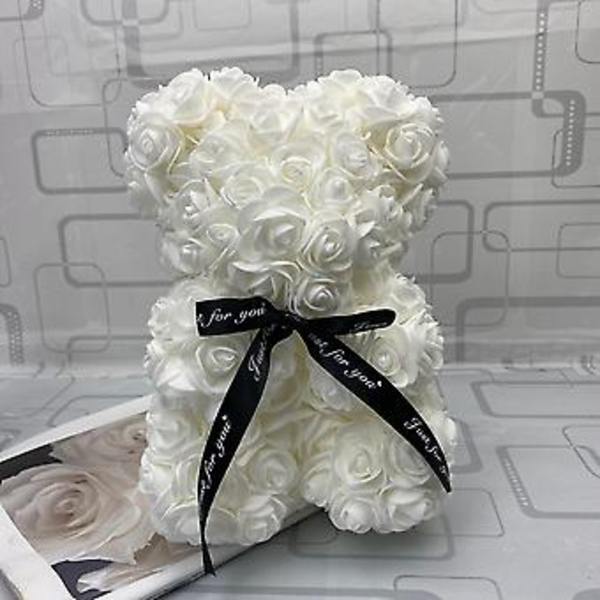 Valentinsdagspresent 25cm Röd Ros Teddybjörn Rosblomma Konstgjord Dekoration Julgåvor Kvinnor Valentinsdagspresent (Vit)