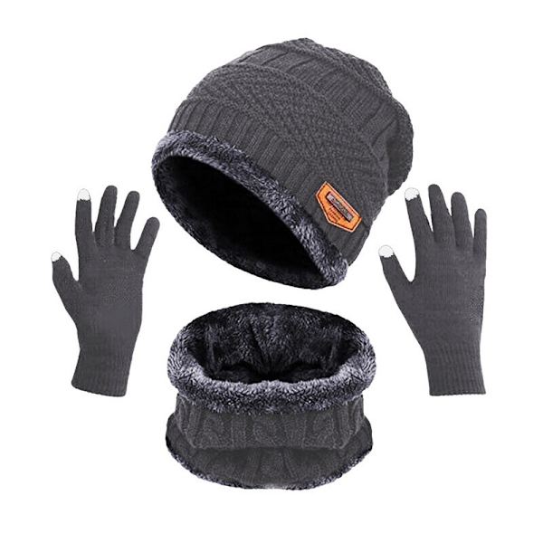 Grå tredelt lue, skjerf og hansker Vinterlue Beanie-lue med