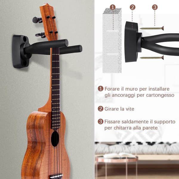 (1 stk) Gitarveggfeste, Gitarkrok med 5 plekter, Ukulelevegg
