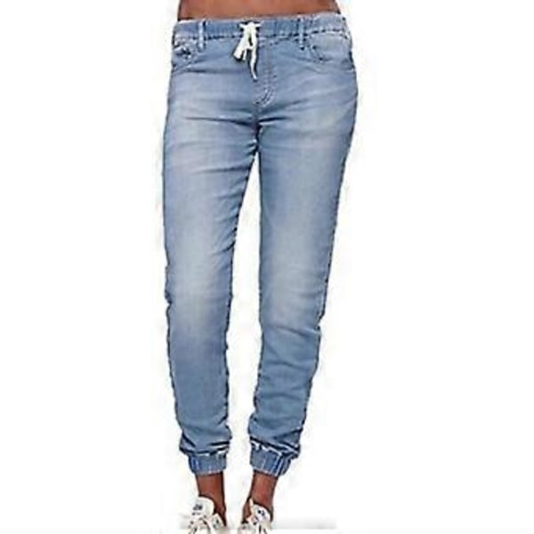 Dam Casual Elastisk Midja Jeans Byxor Jogging Denim Mjukisbyxor (3XL Ljusblå)