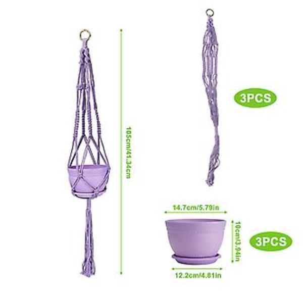 Växthängare med Kruka, 3 Set Hängande Planteringskärl för Inomhusväxter, Handgjort Bomullsrep (14.7cm)
