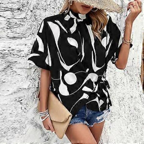 Kortærmet afslappet T-shirt til kvinder, sommer plisseret standkrave løse T-shirts bluse top L sort (L sort)