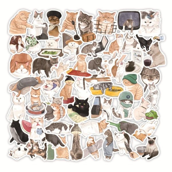 50 st Tecknade handmålade söta katt-anteckningsbokklistermärken vattentät